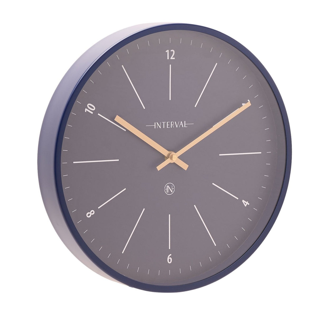 Round metal wall clock, 31.6cm, with navy blue case and grey dial, white hour markers and numerals, slim gold hands, on a plain white background.