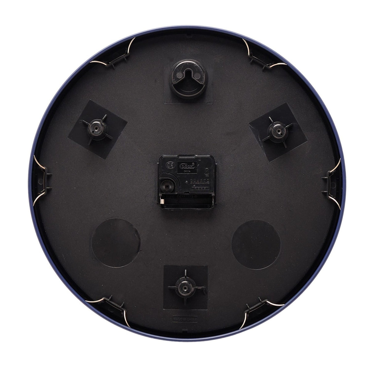 Rear view of the Round Metal Wall Clock in navy blue, showing the quartz movement, hanging hook, and mounting points on a black backing against a plain white background.
