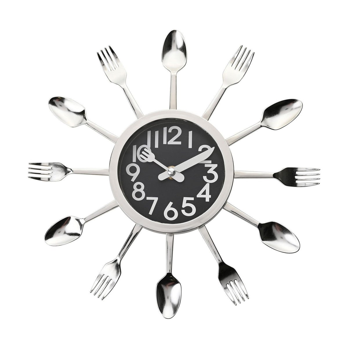 Fork and Spoon Quartz Wall Clock with Black Dial - Silver