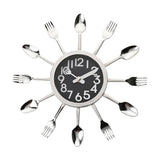 Fork and Spoon Quartz Wall Clock with Black Dial - Silver