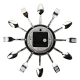Fork and Spoon Quartz Wall Clock with Black Dial - Silver