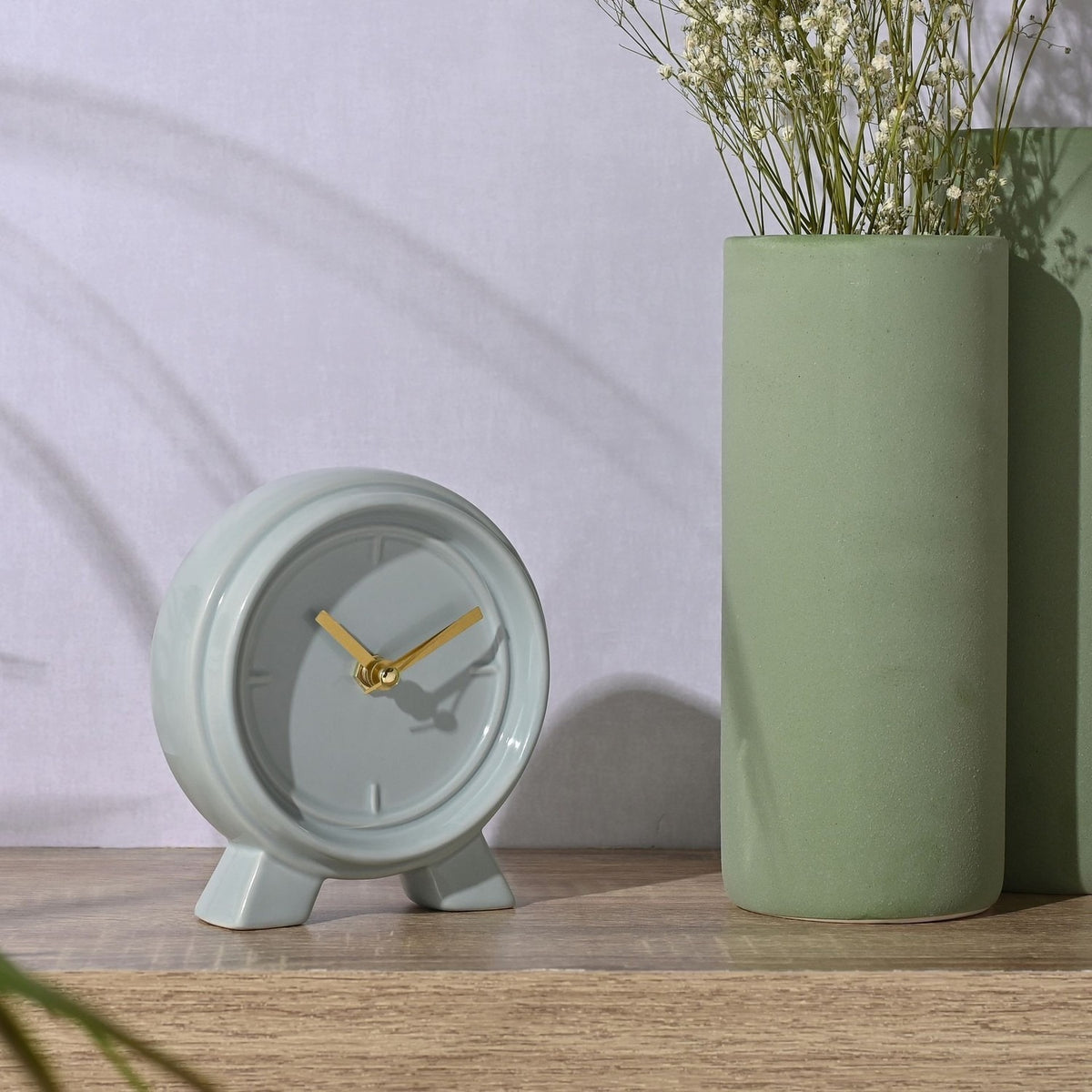 Round Gloss Ceramic Mantel Clock with Two Angled Feet - Blue