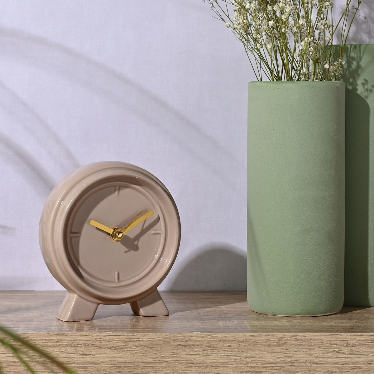 Round Gloss Ceramic Mantel Clock with Gold Hands - Brown
