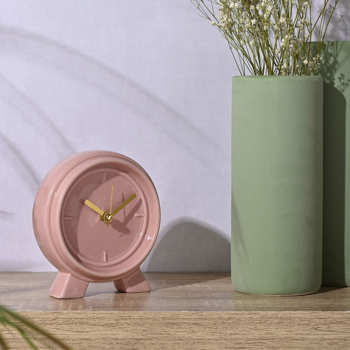 Round Gloss Ceramic Mantel Clock with Gold Hands - Pink
