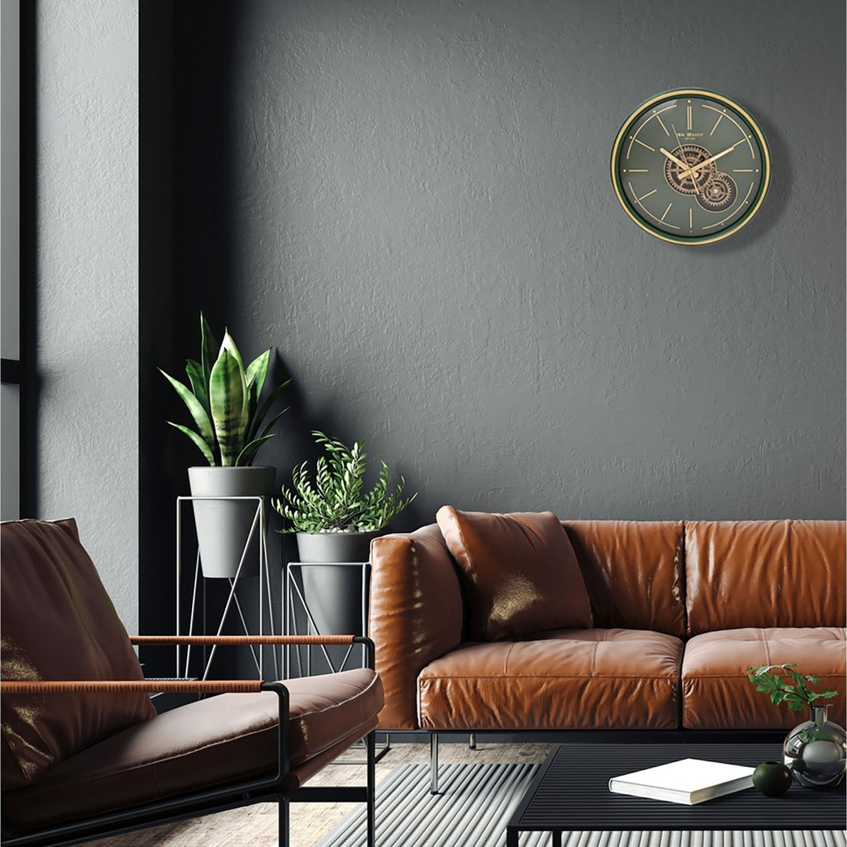 Metal Frame Wall Clock with Moving Gears 35cm - Green & Gold