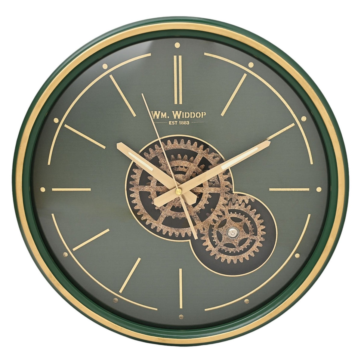 Metal Frame Wall Clock with Moving Gears 35cm - Green & Gold