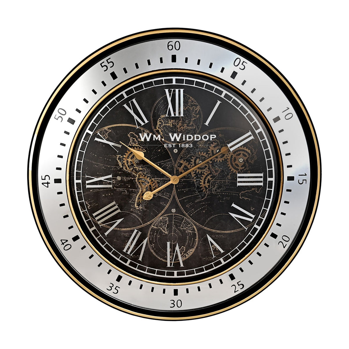 Round Wall Clock with Moving Gears and World Map 80cm - Gold