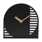 Black steel arched mantel clock with gold hands, no numbers, cut-out horizontal slot stripes along one curved edge, and a matching triangle detail in the lower corner.