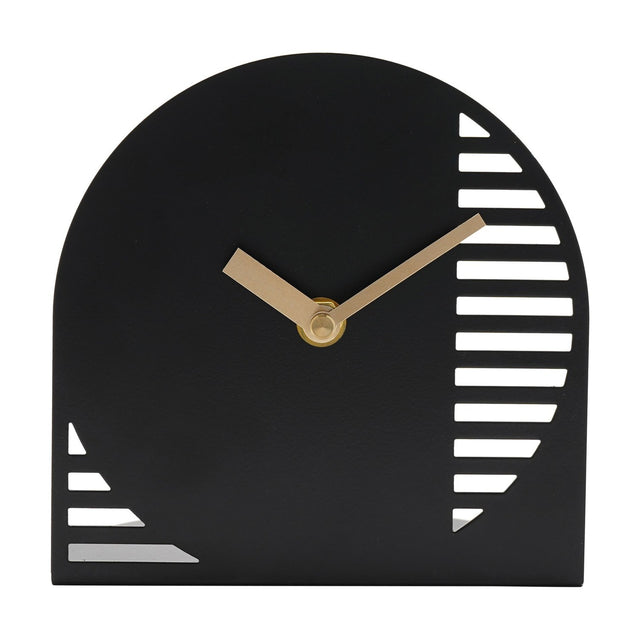 Black steel arched mantel clock with gold hands, no numbers, cut-out horizontal slot stripes along one curved edge, and a matching triangle detail in the lower corner.