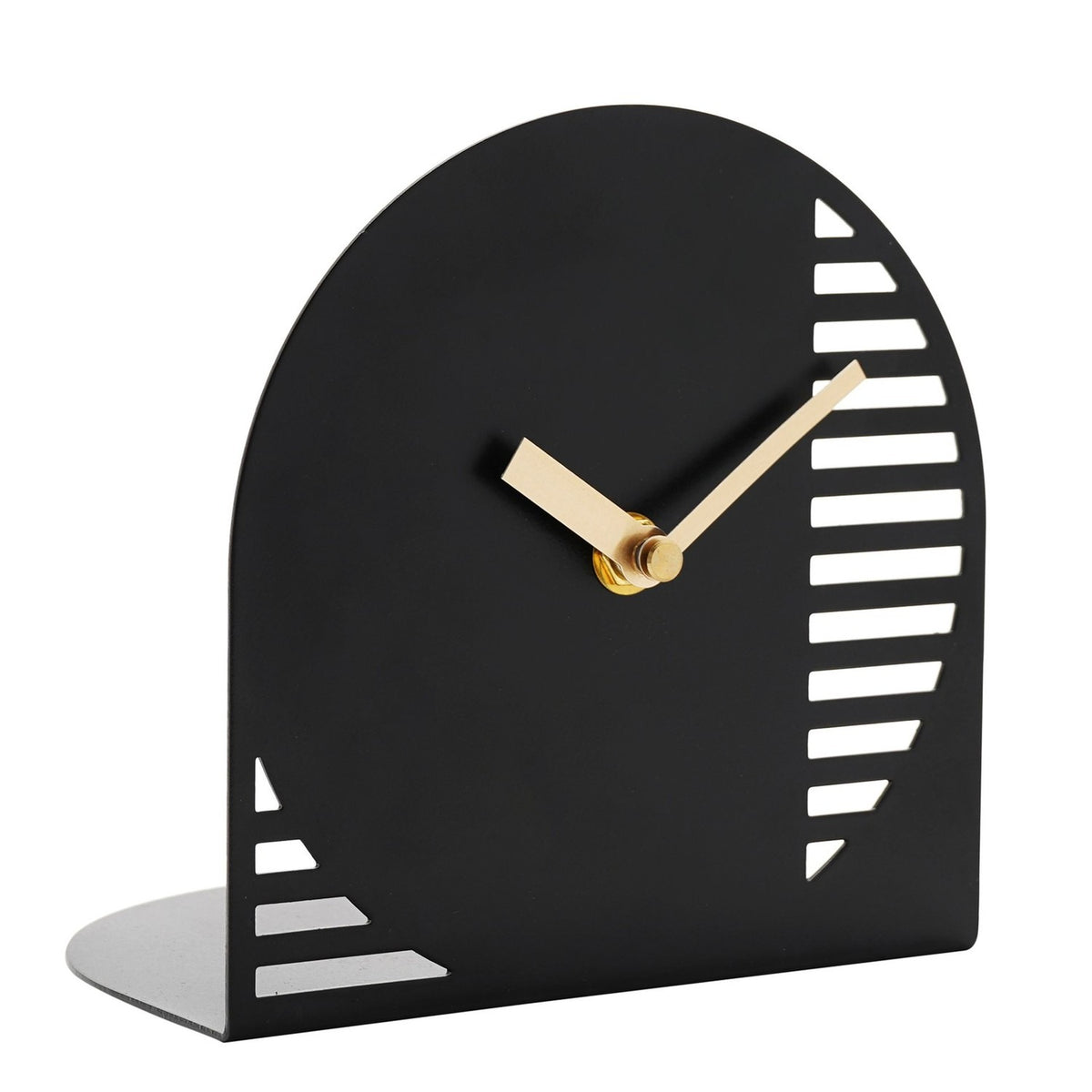 Black steel arched mantel clock with gold hands, cut-out slot stripes along one curved edge, a triangular accent in the opposite corner, and a numberless face.