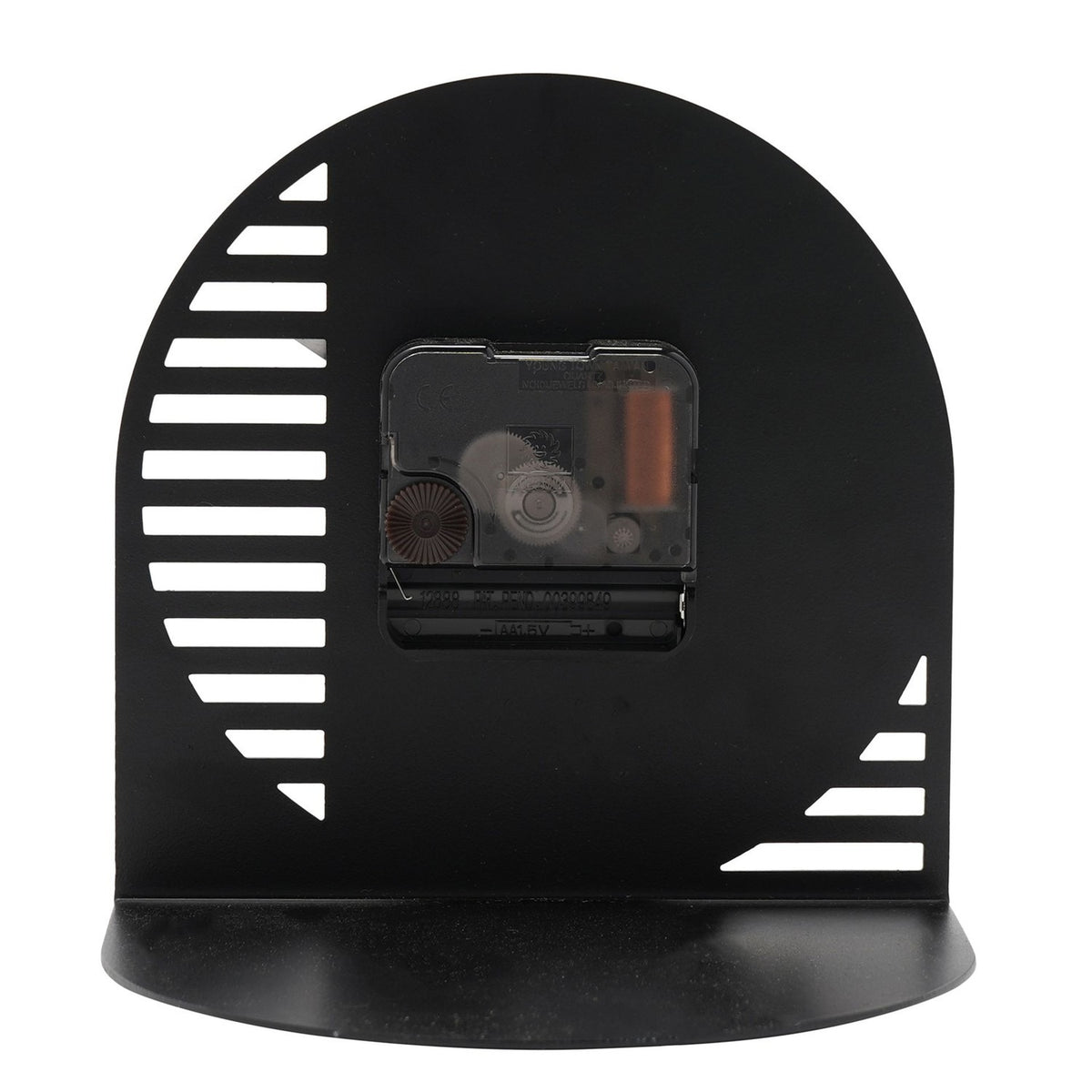 Rear view of the Cut Out Steel Mantel Clock in black, showing the exposed clock movement mechanism, cut-out slot pattern, and curved base on a plain white background.