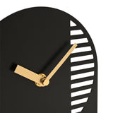 Close-up of the Cut Out Steel Mantel Clock in black with gold hands, showing the arched edge's cut-out horizontal slots on a plain white background.