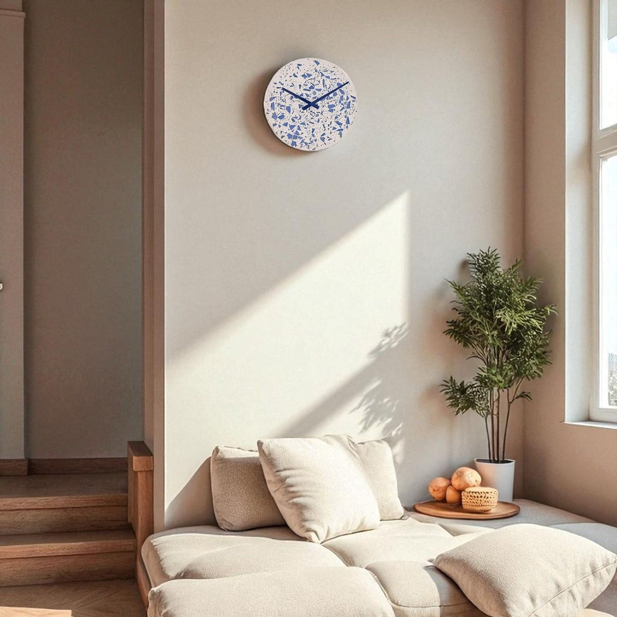 Concrete Terrazzo Porcelain Wall Clock 27cm - White & Blue