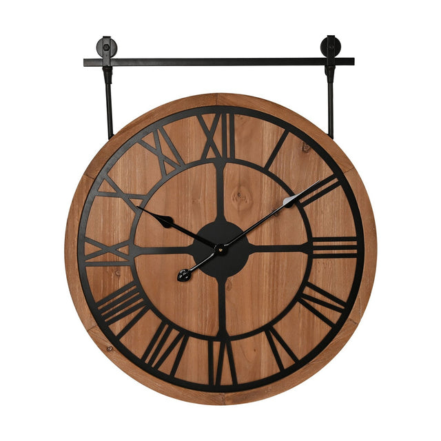 Round wooden wall clock, 60cm, with black Roman numeral ring, spoke centre, and black hands, suspended from a black mounting bracket on a white background.