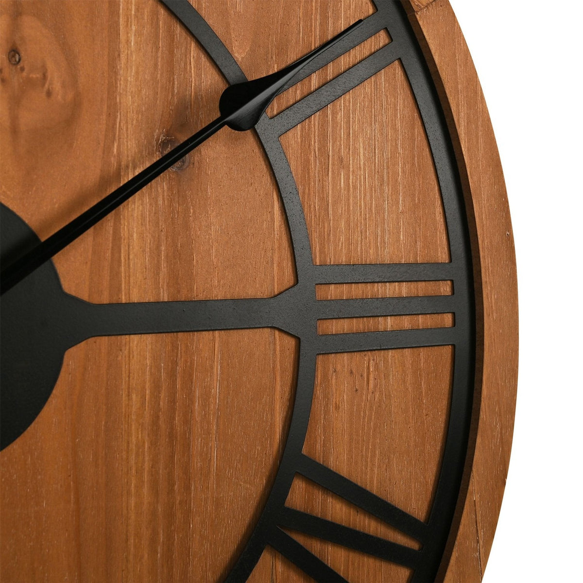 Close-up of the Round Wooden Wall Clock 60cm, showing the brown wood grain face with bold black Roman numerals and slim black hour and minute hands.