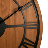 Close-up of the Round Wooden Wall Clock 60cm, showing the brown wood grain face with bold black Roman numerals and slim black hour and minute hands.