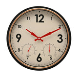 Round vintage wall clock, 33cm, with black case, copper-toned inner ring, white dial, bold black numerals, red hands, and built-in temperature and humidity dials.