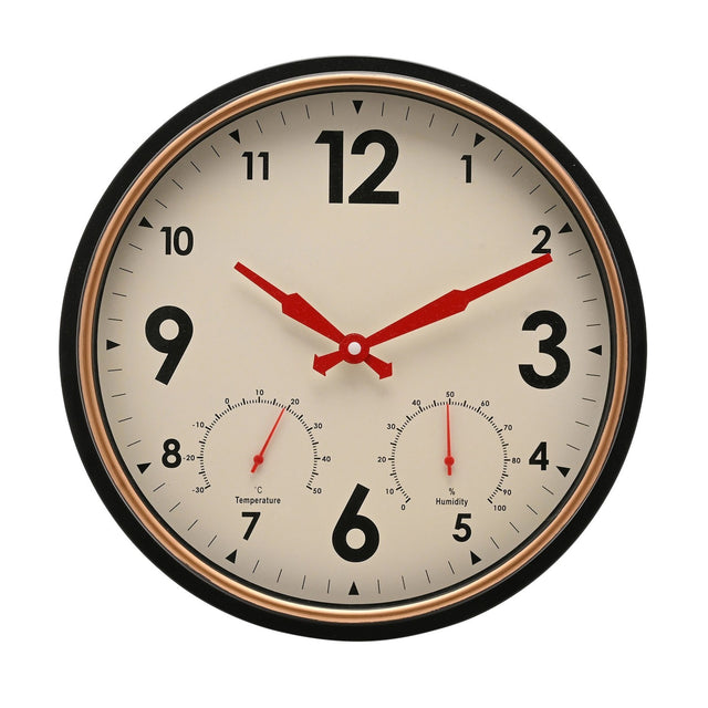 Round vintage wall clock, 33cm, with black case, copper-toned inner ring, white dial, bold black numerals, red hands, and built-in temperature and humidity dials.