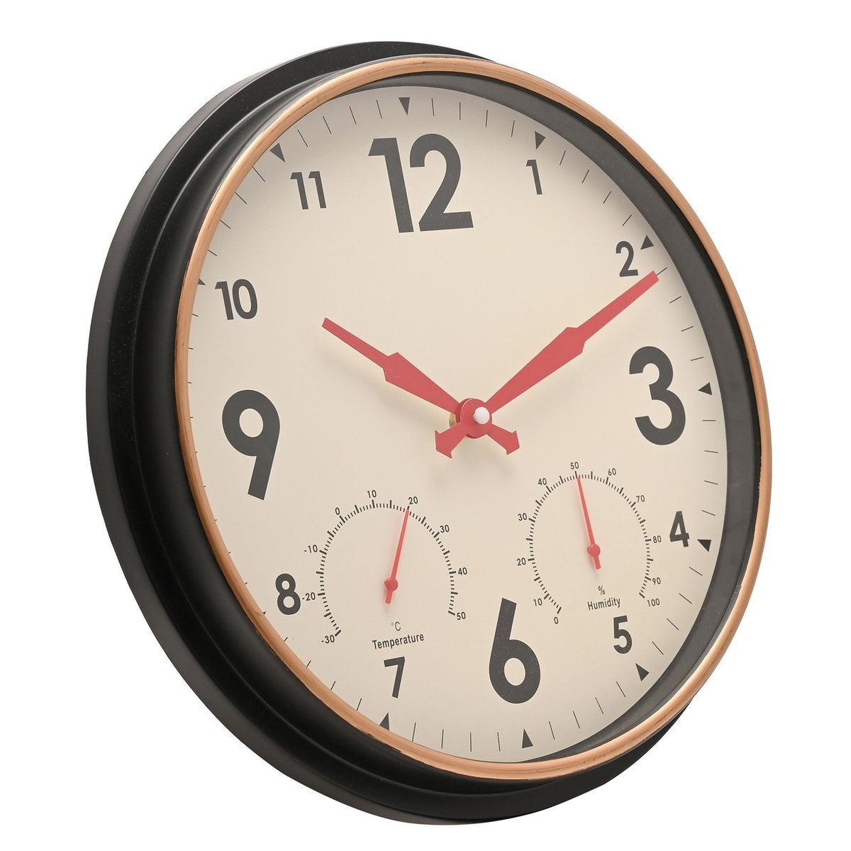Round 33cm vintage wall clock with black case, copper-tone ring, white dial, bold black numerals, red hands and built-in temperature and humidity dials.