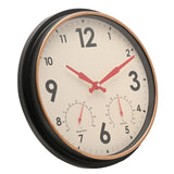 Round 33cm vintage wall clock with black case, copper-tone ring, white dial, bold black numerals, red hands and built-in temperature and humidity dials.
