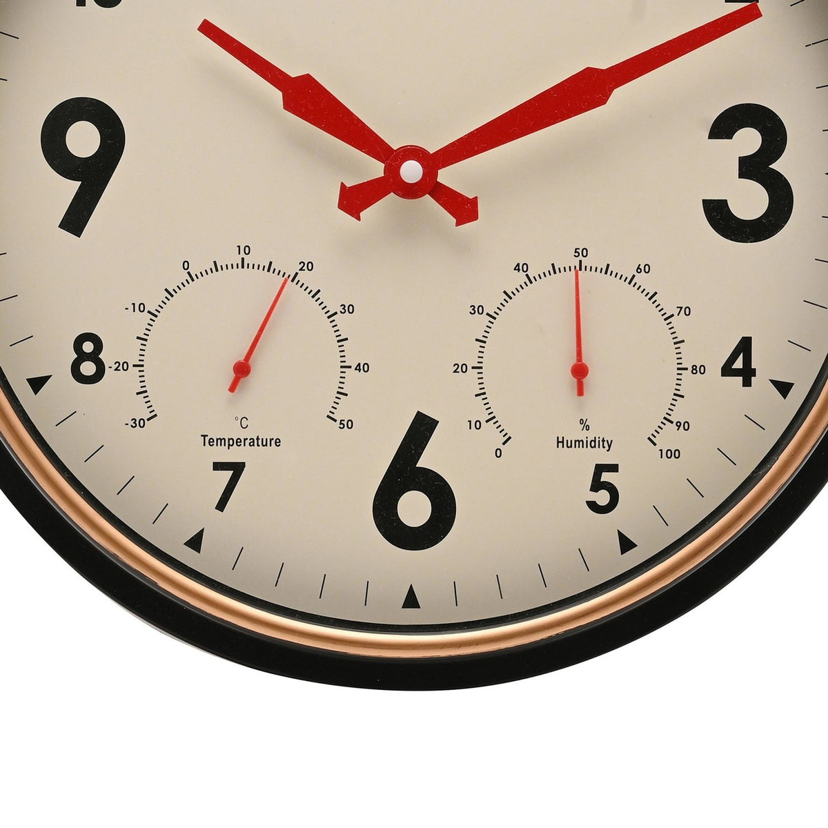 Close-up of the Vintage Wall Clock with Weather Station 33cm, showing red hands, black numerals, and built-in temperature and humidity dials on a cream face with copper-tone ring and black case.