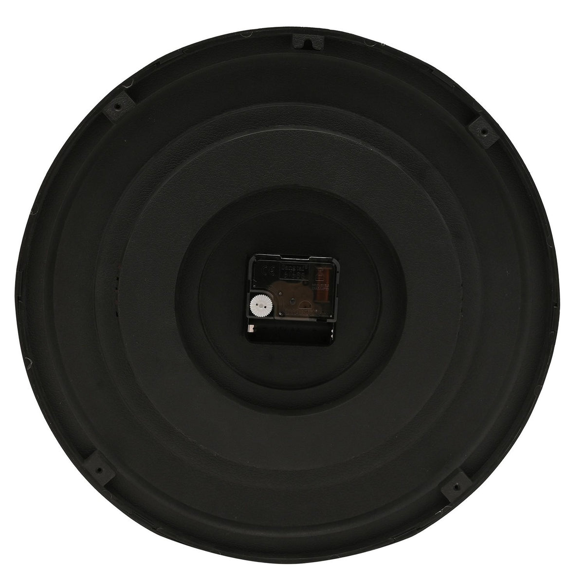 Rear view of the 33cm round black wall clock showing the quartz movement mechanism and mounting hook on a plain white background.