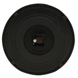 Rear view of the 33cm round black wall clock showing the quartz movement mechanism and mounting hook on a plain white background.