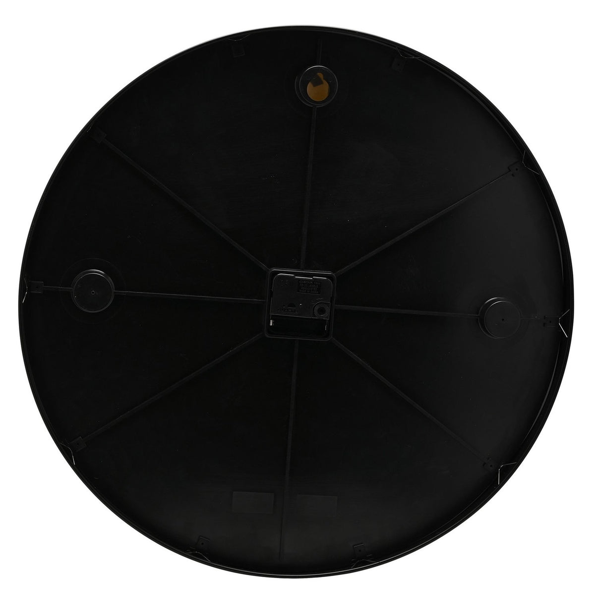 Rear view of the round metal wall clock showing the black plastic back panel, quartz movement, hanging hook, and wall mounting points on a white background.