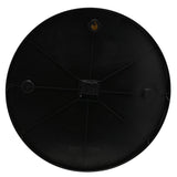 Rear view of the round metal wall clock showing the black plastic back panel, quartz movement, hanging hook, and wall mounting points on a white background.