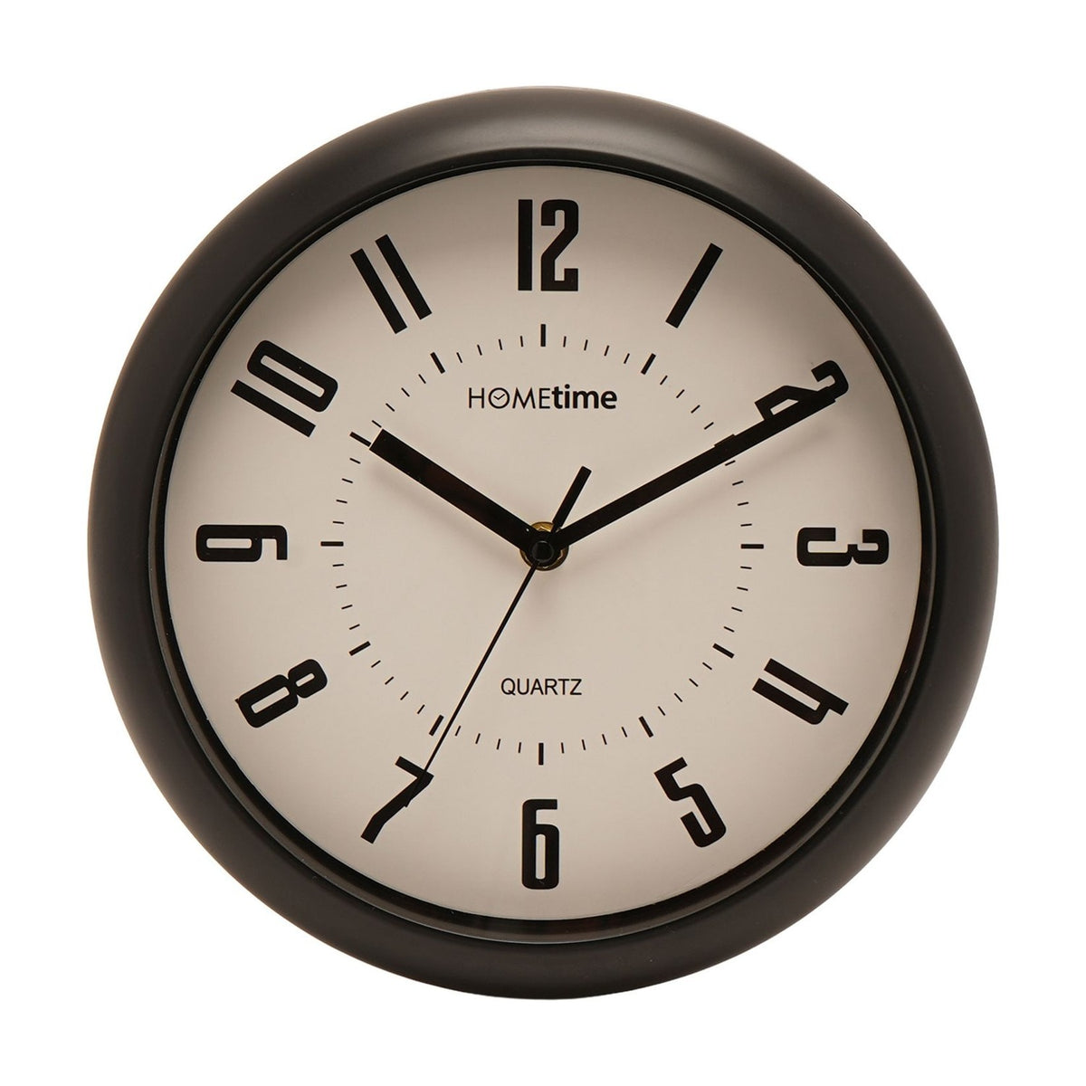 Round wall clock, 25.5cm, with a black frame and white dial, bold black numerals, minute markers, and black hour, minute, and second hands, on a plain white background.