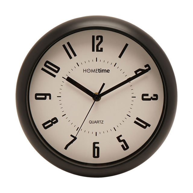 Round wall clock, 25.5cm, with a black frame and white dial, bold black numerals, minute markers, and black hour, minute, and second hands, on a plain white background.