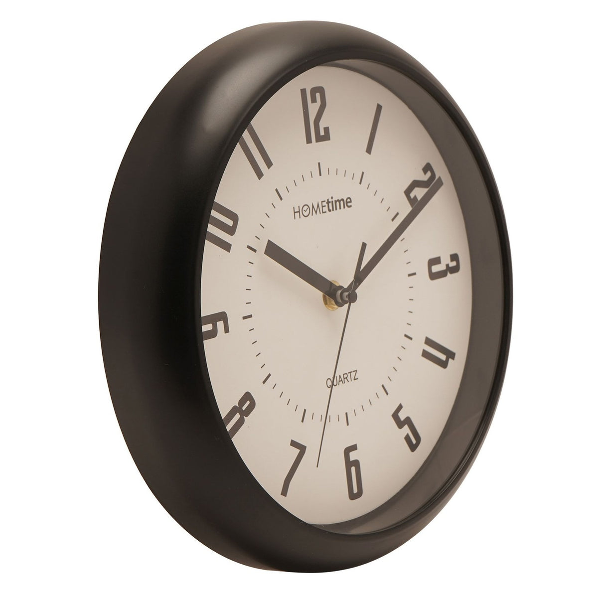 Round wall clock, 25.5cm, with black frame and white dial featuring bold black numerals, black hour and minute hands, slim second hand, and Quartz text, shown at an angle on a white background.