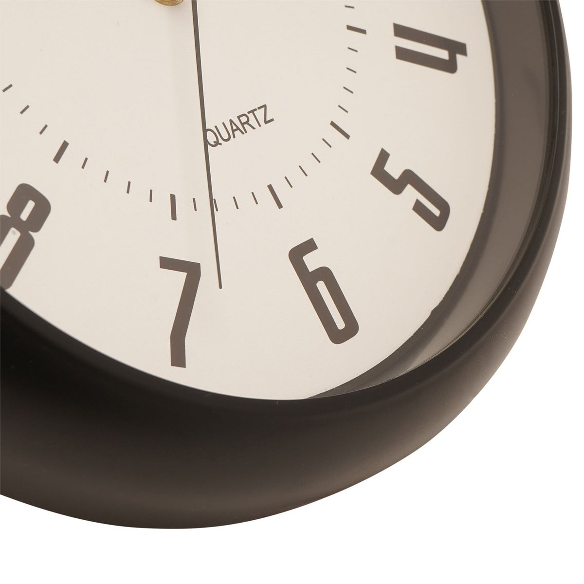 Close-up of the Modern Round Bold Numeral Wall Clock 25.5cm in black and white, showing bold numerals, minute markers, and the quartz movement label on a white dial.