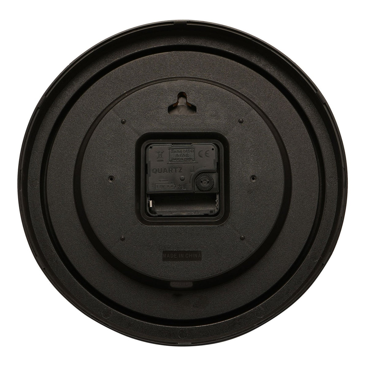Rear view of the Modern Round Bold Numeral Wall Clock 25.5cm in black plastic, showing quartz movement, hanging hook, and screw mounts on a white background.