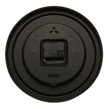 Rear view of the Modern Round Bold Numeral Wall Clock 25.5cm in black plastic, showing quartz movement, hanging hook, and screw mounts on a white background.