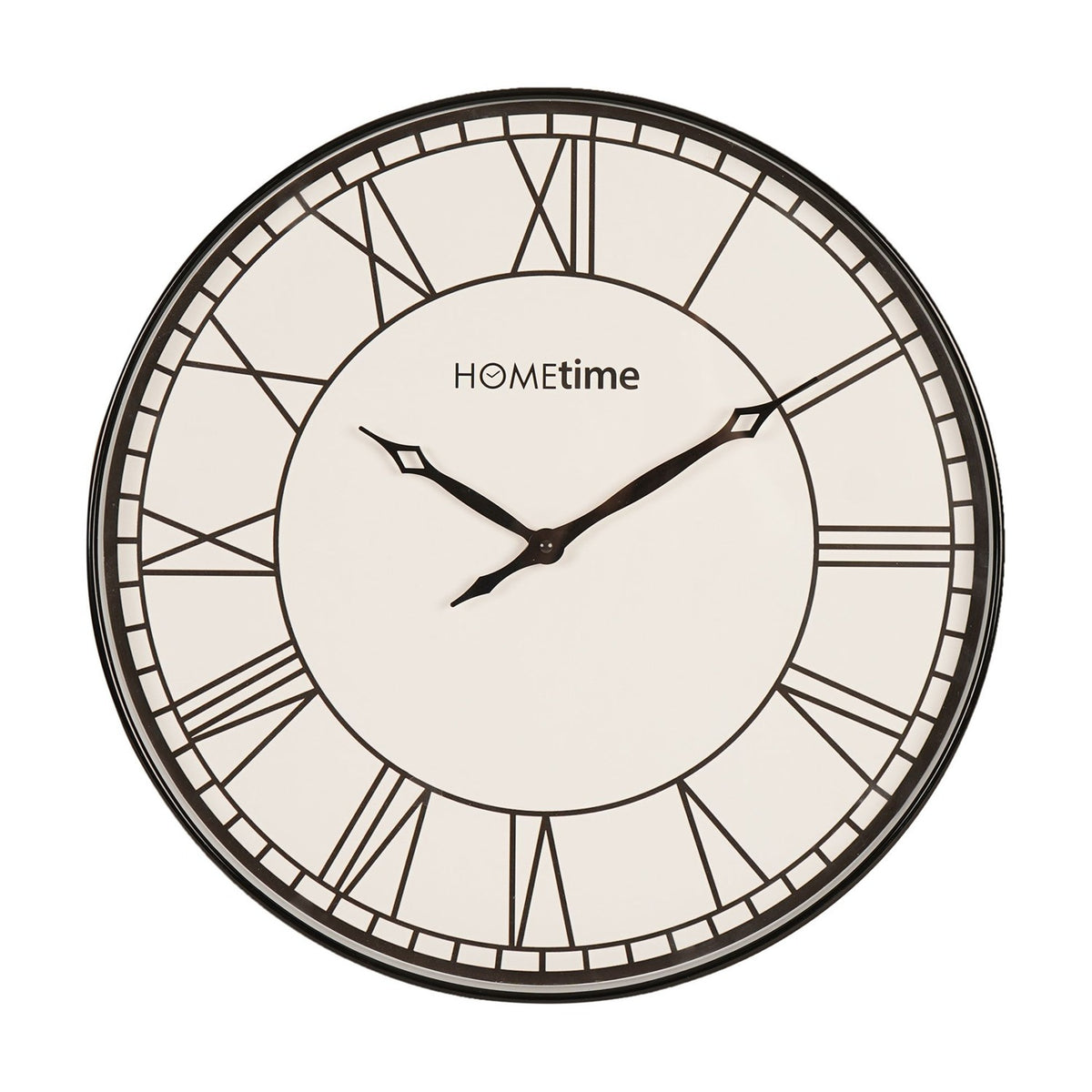Round Roman Dial Quartz Wall Clock, 50.5cm, with bold black numerals, diamond-tipped hands, and a glossy black case on a white face, shown against a plain white background.