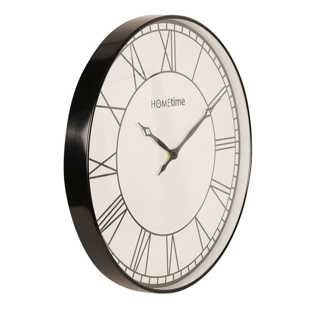 Round Roman Dial Quartz Wall Clock, 50.5cm, with black Roman numerals on a white face, glossy black case, and black diamond-tipped hands, shown at an angle on a plain white background.