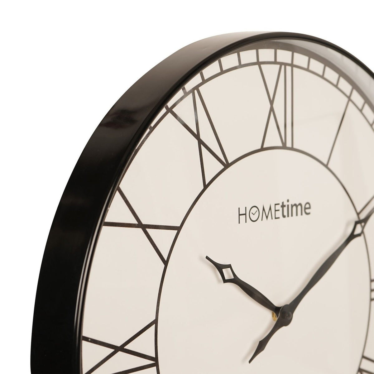 Close-up of the Round Roman Dial Quartz Wall Clock 50.5cm in black and white, showing the glossy black case, bold Roman numerals, and diamond-tipped hands against a white background.