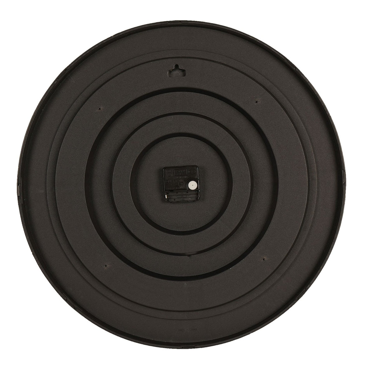 Rear view of the Round Roman Dial Quartz Wall Clock 50.5cm in black, showing concentric moulded panels, a hanging hook, and quartz movement mechanism.