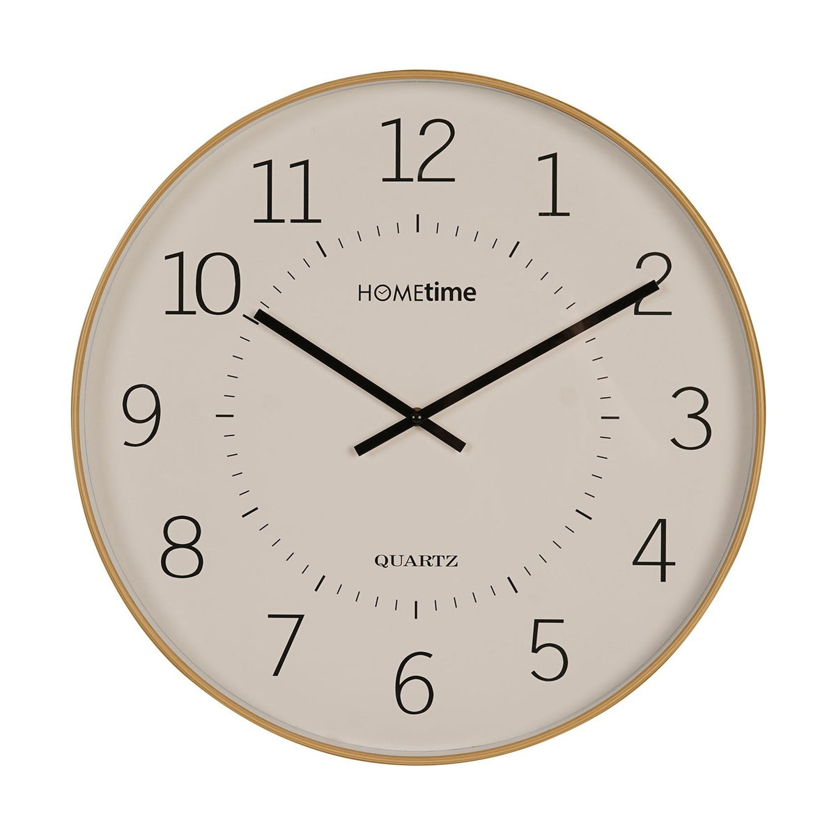 Round wall clock, 50.5cm, with a beige and white dial, light wooden-tone frame, large black numerals, and slim black hands, shown on a plain white background.