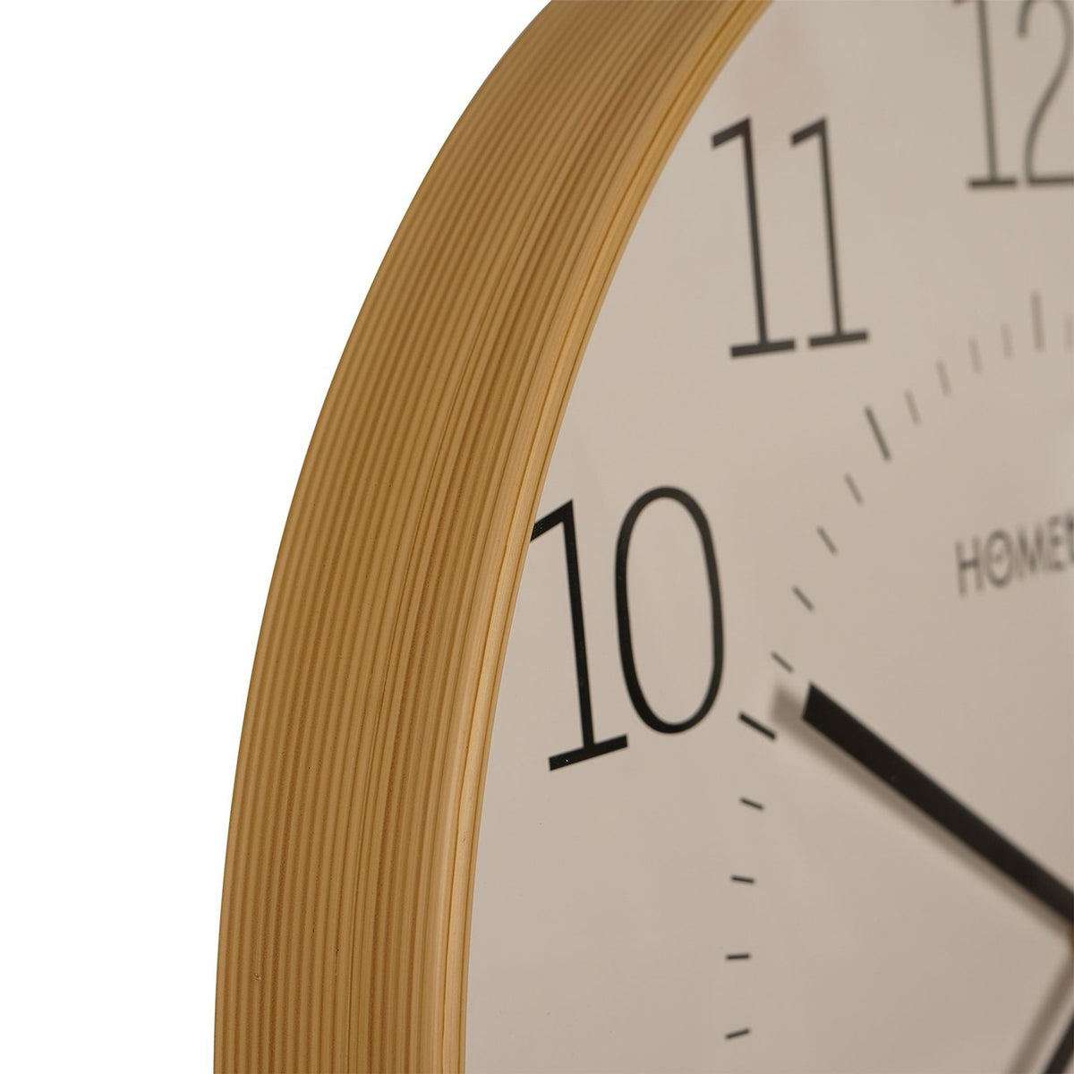 Close-up of the Round Numeral Dial Quartz Wall Clock 50.5cm, showing a light wooden frame, white dial, bold black numerals, minute track, and black hands.