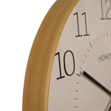 Close-up of the Round Numeral Dial Quartz Wall Clock 50.5cm, showing a light wooden frame, white dial, bold black numerals, minute track, and black hands.