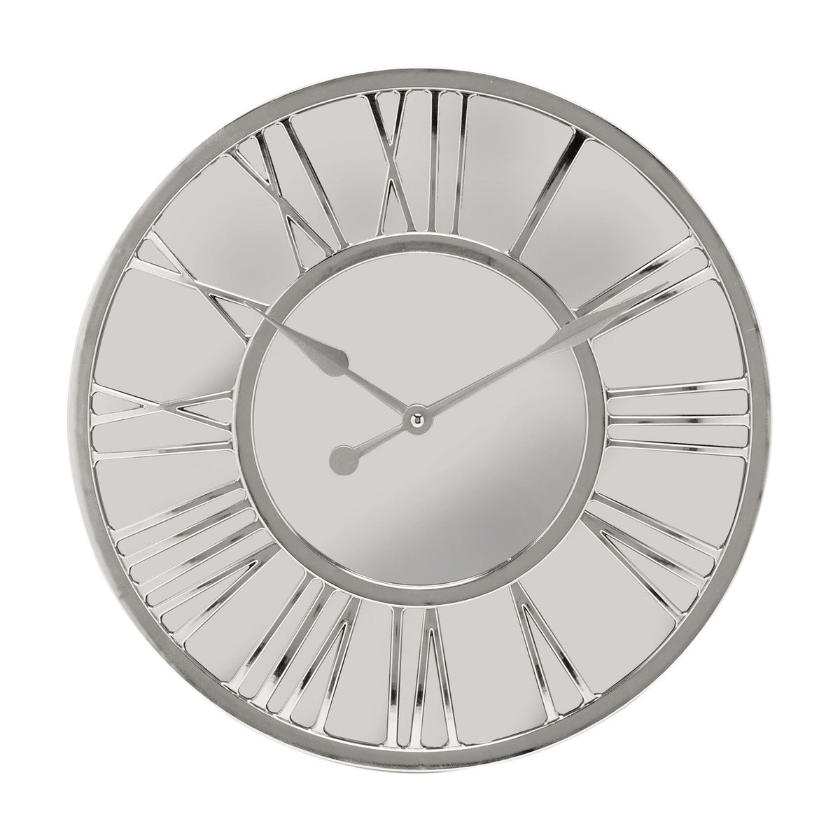 Round Raised Roman Numeral Mirror Wall Clock 38cm - Silver
