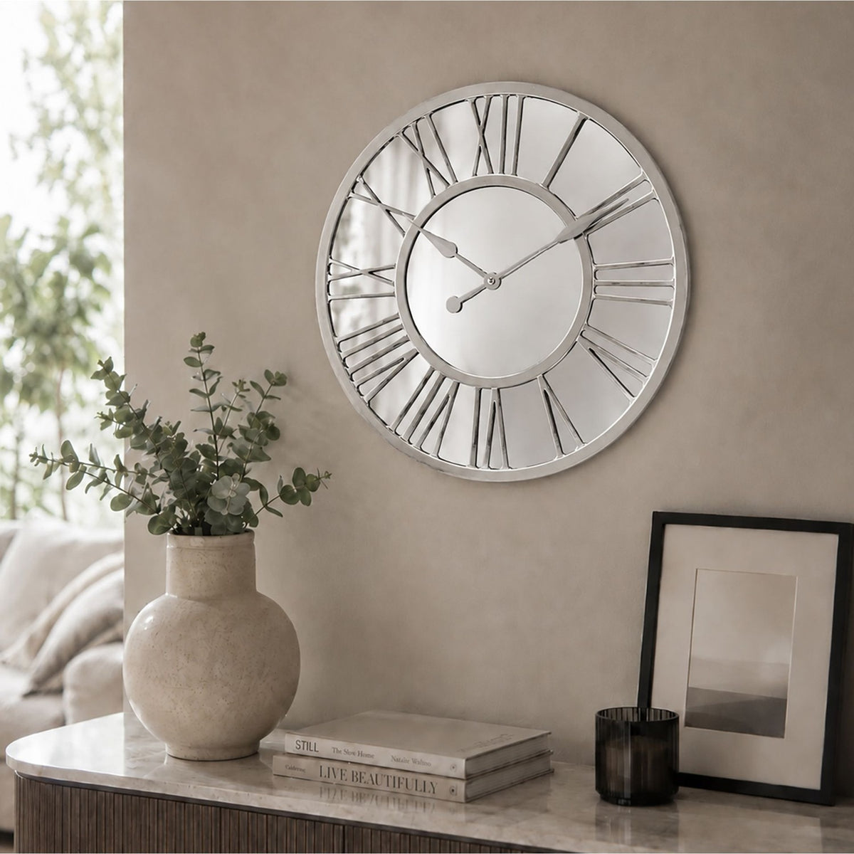 Round Raised Roman Numeral Mirror Wall Clock 38cm - Silver