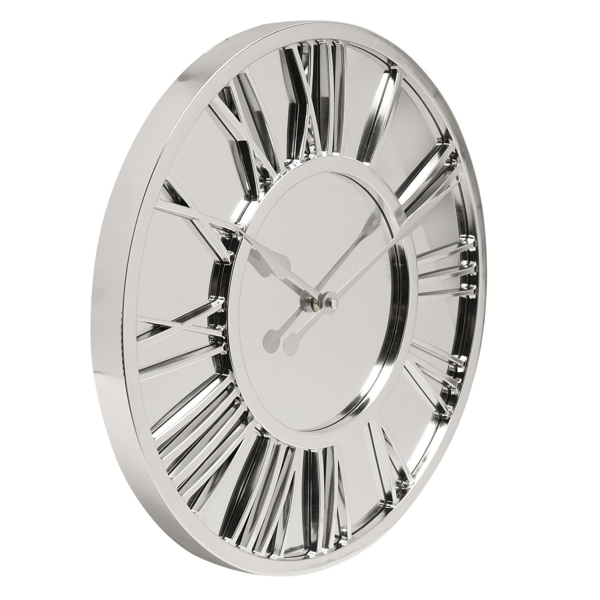 Round Raised Roman Numeral Mirror Wall Clock 38cm - Silver