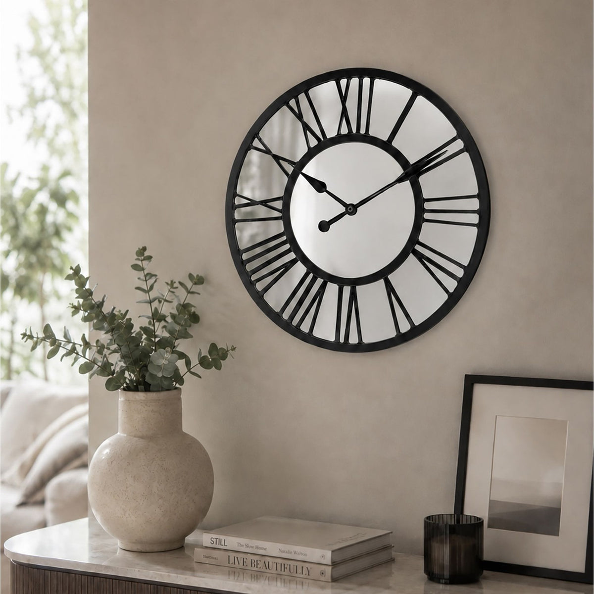 Round Open Roman Numeral Mirror Wall Clock 38cm - Black