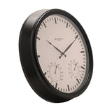 Round 45cm wall clock with black case and white dial featuring bold hour batons, black hands, and two small gauges for temperature and humidity, shown on a plain white background.