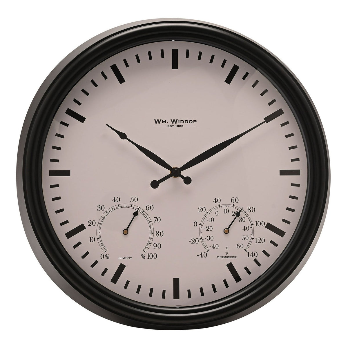 Round 45cm wall clock with black frame and white dial, featuring bold hour batons and two small dials for humidity and temperature, shown on a plain white background.