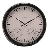 Round 45cm wall clock with black frame and white dial, featuring bold hour batons and two small dials for humidity and temperature, shown on a plain white background.