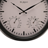 Close-up of the 45cm Temperature & Humidity Gauge Wall Clock, black frame with white dial, black baton markers, and two small sub-dials showing humidity and thermometer scales with black hands.
